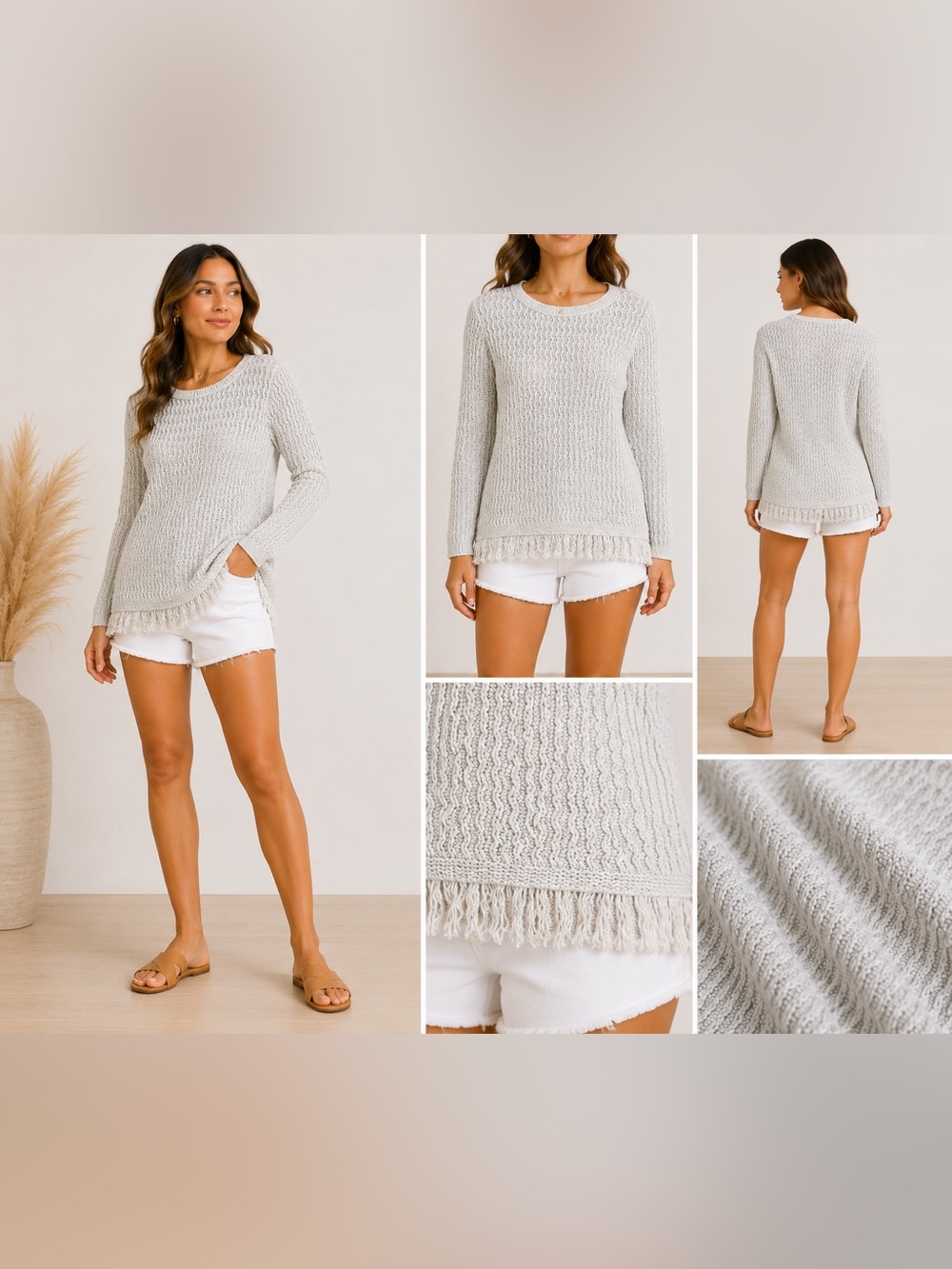 J Jill Fringe Tunic Sweater SP Beige Crochet Knit Boho Pullover Petite Coastal